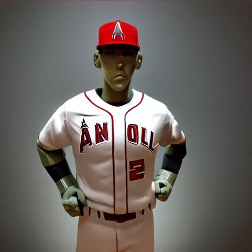 Image similar to “a realistic detailed photo of a guy who is an attractive humanoid who is half robot and half humanoid, who is a male android, baseball player Mike Trout, shiny skin, posing like a statue, blank stare, on the baseball field, on display”