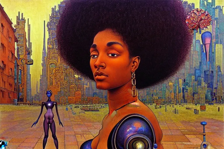 Image similar to realistic extremely detailed portrait painting of a beautiful black woman with a robot, city street on background by Jean Delville, Amano, Yves Tanguy, Ilya Repin, William Holman Hunt, Alphonse Mucha, Ernst Haeckel, Edward Robert Hughes, Roger Dean, rich moody colours