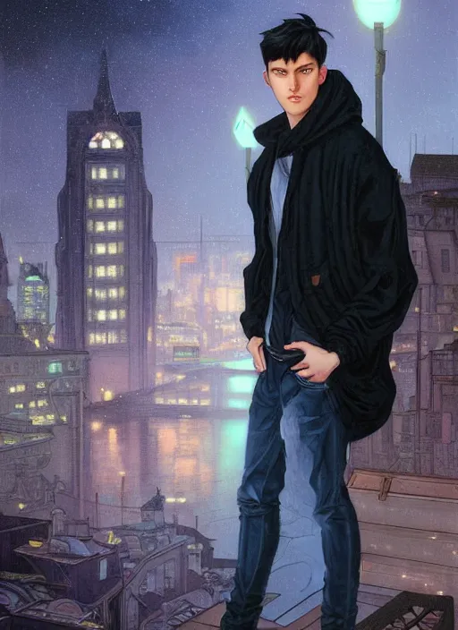 Image similar to handsome young man with short black hair, glowing light blue eyes, pale skin, wearing jeans and a black hoodie, detailed night time cityscape background, realistic painting by ross tran and gerald brom and alphonse mucha, ilya kuvshinov, svetlana tigai, artgerm, trending on artstation