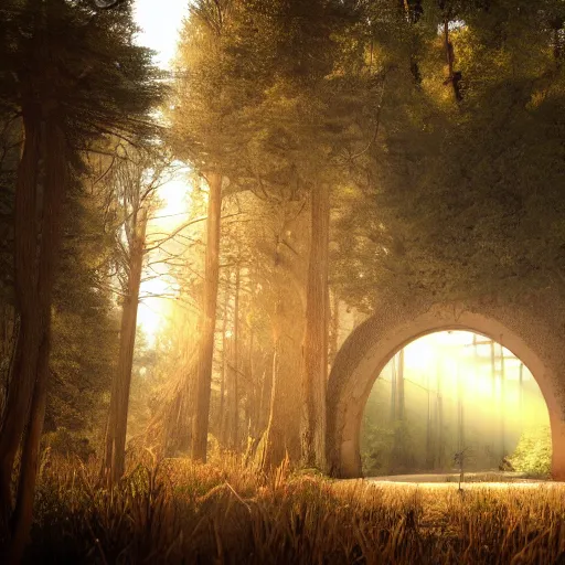 Image similar to photorealistic singular opened door in the middle of a forest that opens to a desert, dynamic lighting, cinematic, ray tracing, sun rays, hyper realism, fantasy concept art