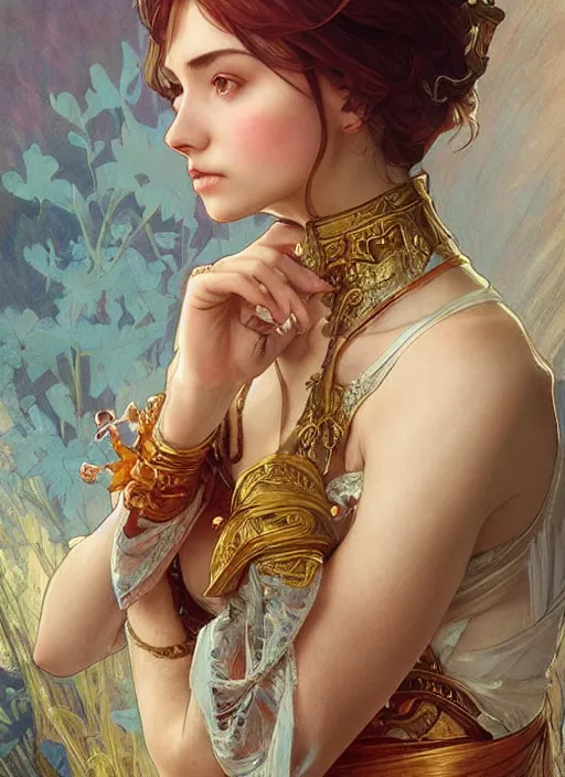 Image similar to hannah owo as queen, incredibly detailed face, pretty face, light dress, true anatomy, art by artgerm and greg rutkowski and alphonse mucha