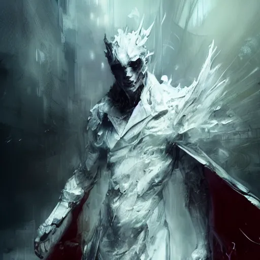 Image similar to a humanoid cyberpunk white dragon wearing a white mage robe by melmoth zdzislaw belsinki craig mullins yoji shinkawa realistic render ominous detailed photo atmospheric by jeremy mann francis bacon and agnes cecile ink drips paint smears digital glitches glitchart, realistic anime, dramatic lighting, red light, red highlights