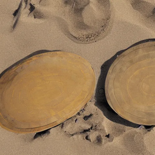 Image similar to oval-shaped woks on a beach, photorealistic, 8k