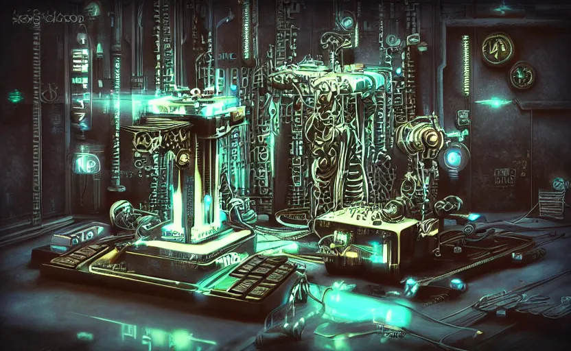 Prompt: technological drilling machine, extremely detailed cyberpunk ( steampunk ), small neon keyboard, realistic shaded,