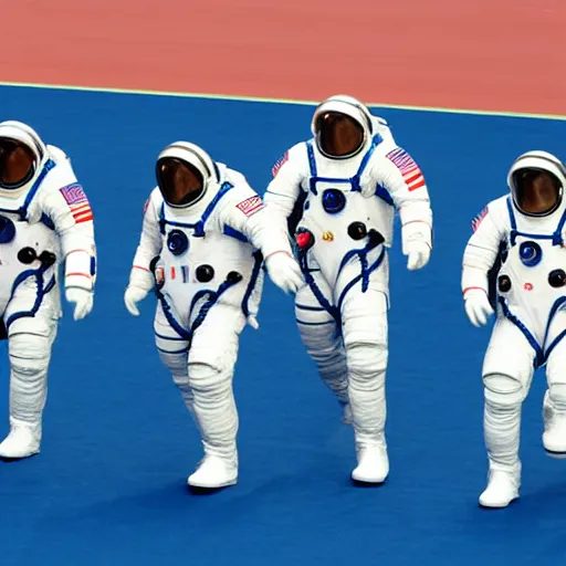 Image similar to 5 space astronauts in spacesuits running in a relay race in a stadium, each astronaut in different colors, olympic relay race. athens games