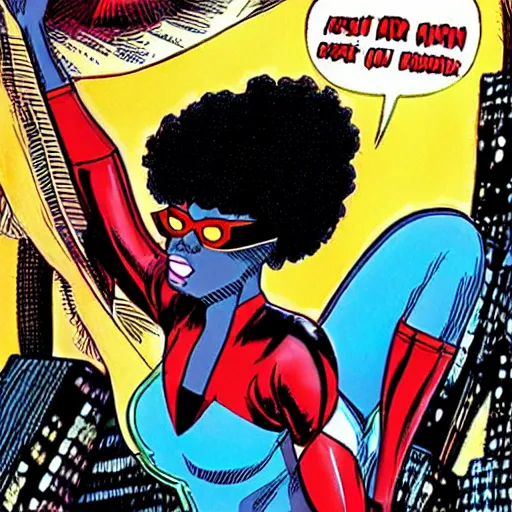 Prompt: nerdy black girl super hero, big afro, sexy lips, tall and slim figured, comic book style, by john romita jr, stan lee, jack kirby