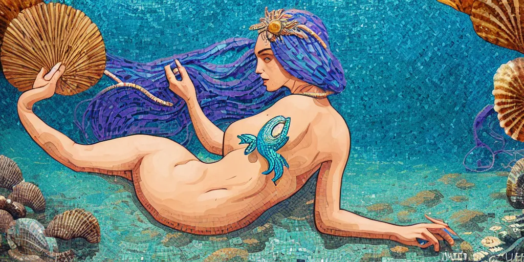 Image similar to ancient roman mosaic of bluehair mermaid with a shell bikini on sea floor, low ceiling, illustration by moebius, rhads, dan mumford, victo ngai, clean thick line, comics style
