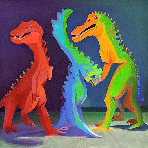 Image similar to “dinosaur singing karaoke detailed trex happy podcast national geographic figure dramatic lighting proportional symmetrical minimalism Edward Cooper Matisse digital art oil painting”