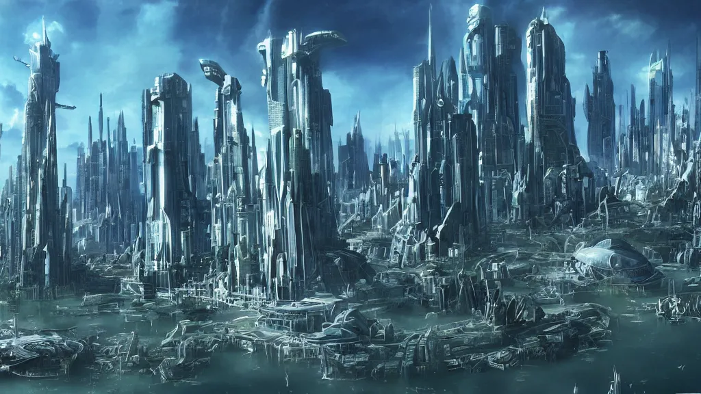 Image similar to a futuristic sci - fi city skyline's in the style of atlantis : the lost empire ( 2 0 0 1 )