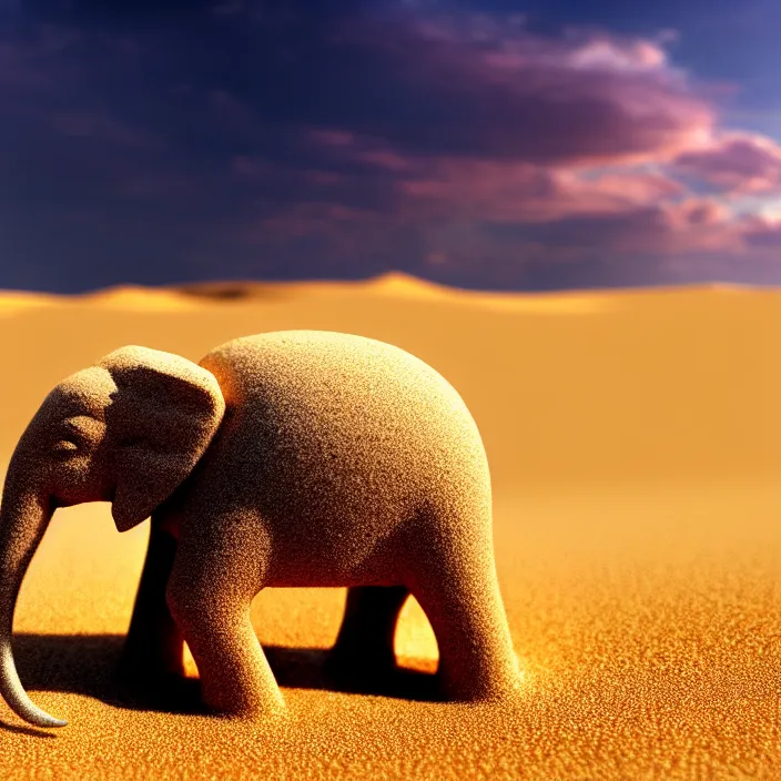 Image similar to fantasy art of an elephant made of sand in the middle of a very sandy desert storm sand, 4 k, high quality, sharp, 1 6 k, trending in artstation