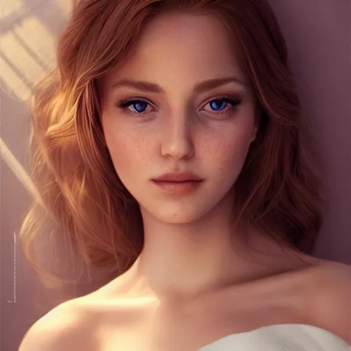 Image similar to a gorgeous female photo, professionally retouched, soft lighting, wearing sundress, illuminated by moonlight realistic, smooth face, redhead, light freckles, perfect eyes, wide angle, sharp focus on eyes, 8 k high definition, insanely detailed, intricate, elegant, art by artgerm and wlop