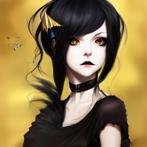 Image similar to front-facing headshot of a young gothic anime woman with black hair and golden highlights, wearing pretty makeup, drawn by WLOP, anime portrait, trending on artstation