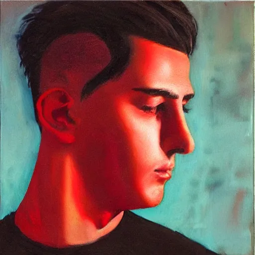 Image similar to a man with short black hair and shaved sides looks over his shoulder into the camera, oil painting, red background, album cover