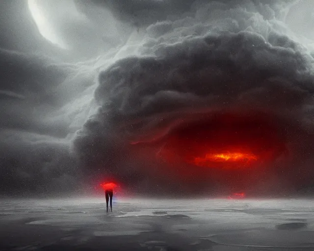 Image similar to the scariest storm surrounded by horror creatures in the scariest sky, epic scene, dark, scary, horror, frightening, fantasy, cinematic, redshift render, cgi, hyper - detailed, photo - bash, 8 k post - production, masterpiece, in the style of greg rutkowski