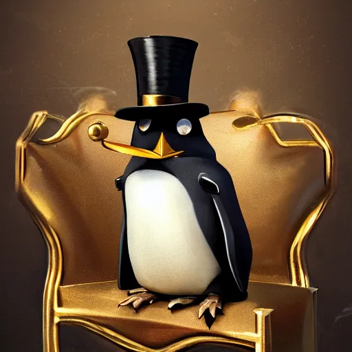 Prompt: oil painting of grumpy rich steampunk penguin sitting on fancy chair, wearing top hat, holding gold, steampunk factory background, sharp focus, fantasy style, octane render, volumetric lighting, 8k high definition, by greg rutkowski, highly detailed, trending on art Station, magic the gathering artwork, centered