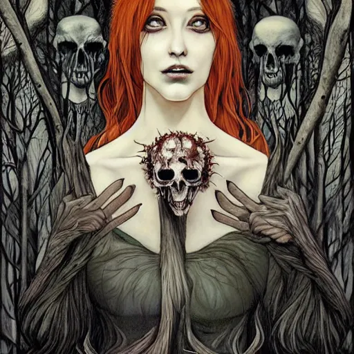 Image similar to an epic horrific wiccan gothic painting of a mother - nature witch cult woman wearing a deer skull, in a moonlit forest by gerald brom by junji ito by vanessa lemen by charlie bowater