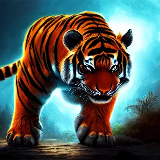 Image similar to adorable glowing tiger, trending on art station, cute, big eyes, matte painting, concept art, pixar, disney, highly detailed, cinematic composition, unreal engine, sharp focus, realistic