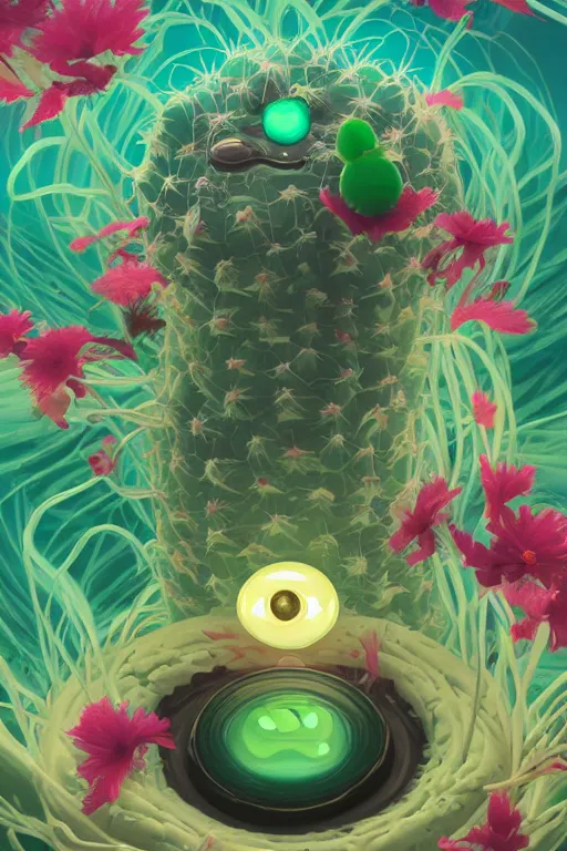 Image similar to roots cactus sushi cristal smurf ghost creature animal sushi cristal very big eye roots cactus elemental flush of force nature micro world fluo fishscale, behance hd by jesper ejsing, by rhads, makoto shinkai and lois van baarle, ilya kuvshinov, rossdraws radiating a glowing aura global illumination ray tracing hdr