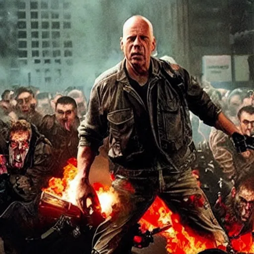 Prompt: Bruce Willis using a flamethrower to fight off a crowd of zombies, promo poster for new movie directed by George Romero