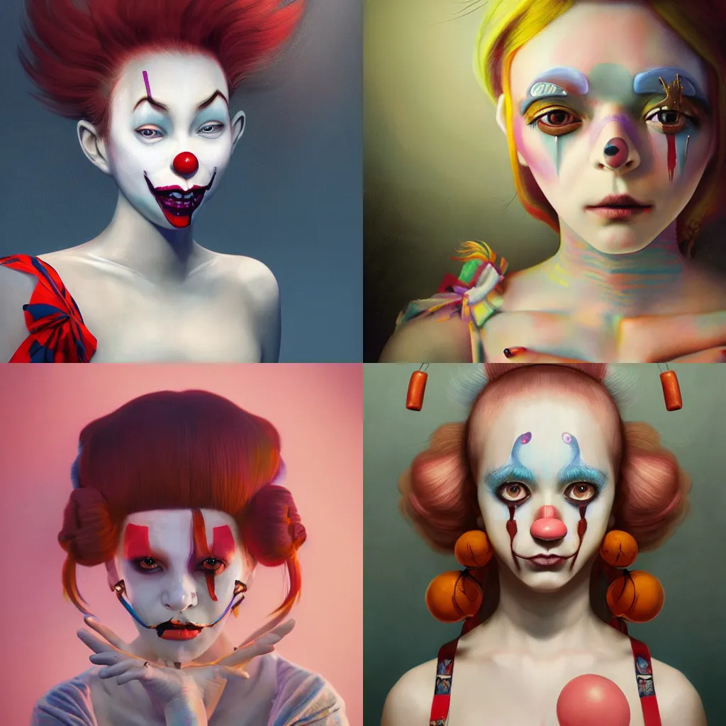 Image similar to breathtaking detailed painting of clown girl , with anxious, piercing eyes, Atari game cover art by Hsiao-Ron Cheng, James jean, Miho Hirano, Hayao Miyazaki, extremely moody lighting, hyperrealistic, octane render, RPG portrait, ambient light, dynamic lighting