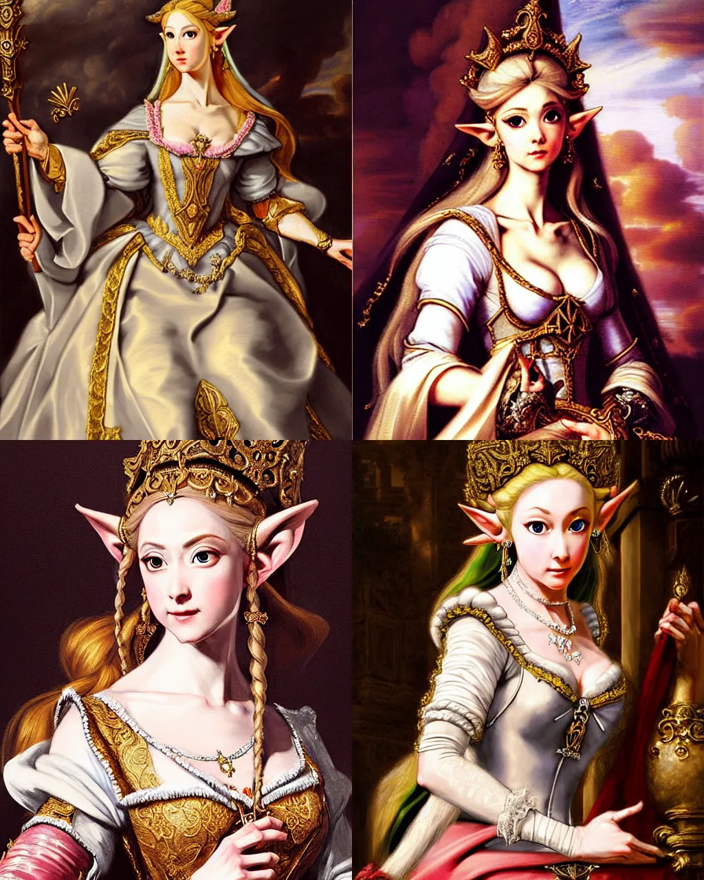 Prompt: detailed baroque painting of princess zelda, from legend of zelda, as an elegant noblewoman, highy detailed face, brocade dress, style of aleksi briclot and peter paul rubens, intricate, soft lighting, beautiful art, legend of zelda, master sword