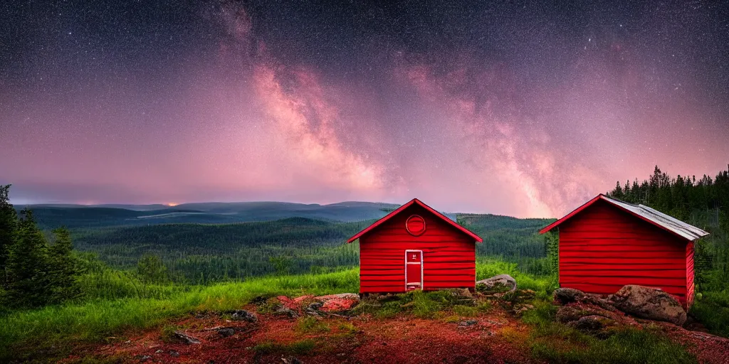 Image similar to stunning photo of landscape with an red cabin on a mountain by mikko lagerstedt