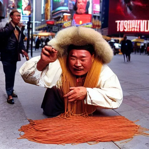 Image similar to genghis khan eating spaghetti on the times square
