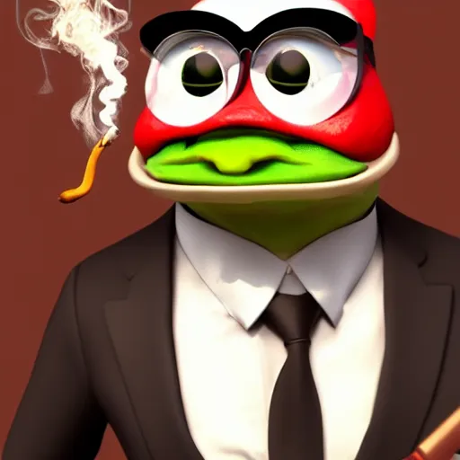 Image similar to a high quality photo of an antropomorphic mafia frog wearing a suit smoking a cigar, 3d scene, render, ultra realistic, artstation, cgsociety