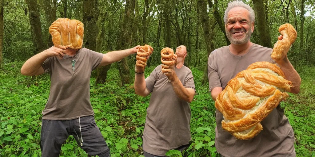 Prompt: going for a walk in the country eating leaves in the forest long arms. really long arms. very long arms, arms. alan sugar with really long arms holding some pastry pets. long arms. stretched limbs. pastry sheep, pastry lizard