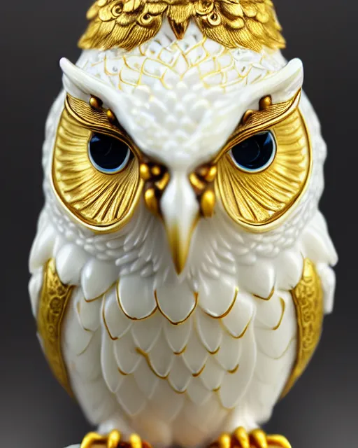 Image similar to gorgeous ornated snow white porcelain realistic detailed sacred owl statue with golden filigree carved out of ivory