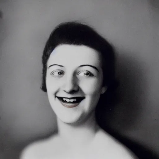 Prompt: representation of a young woman with a happy face in the year 1924 photo taken by the American artist Man Ray