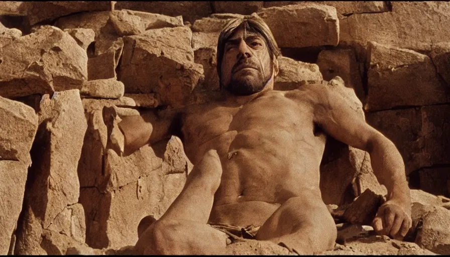 Image similar to dramatic movie stills by pasolini of javier bardem as gilgamesh sumerian king at a ziggurat, sumerian epic movie with sumerian monsters, fights, cinestill 8 0 0 t eastmancolor technicolor, high quality, very detailed, heavy grain, fine facial features, 8 k, octane render