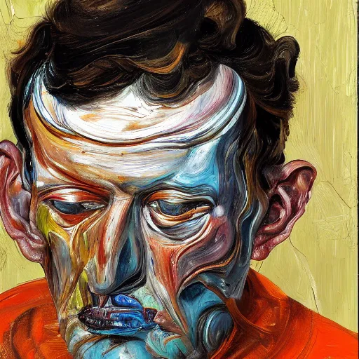 Image similar to high quality high detail painting of a man in agony by lucian freud and jenny saville and francis bacon, hd, anxiety, turquoise and orange