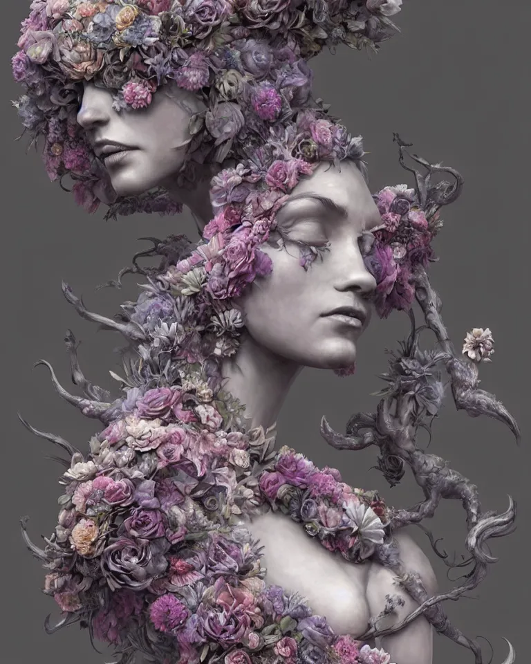 Image similar to a sculpture of a gorgeous etherial female, made of mist, made of flowers, Andrew Ferez, Charlie Bowater, Marco Mazzoni, Seb McKinnon, Ryohei Hase, lovecraftian, cosmic horror, trending on cgsociety, featured on zbrush central, grotesque, vanitas, new sculpture, mystical