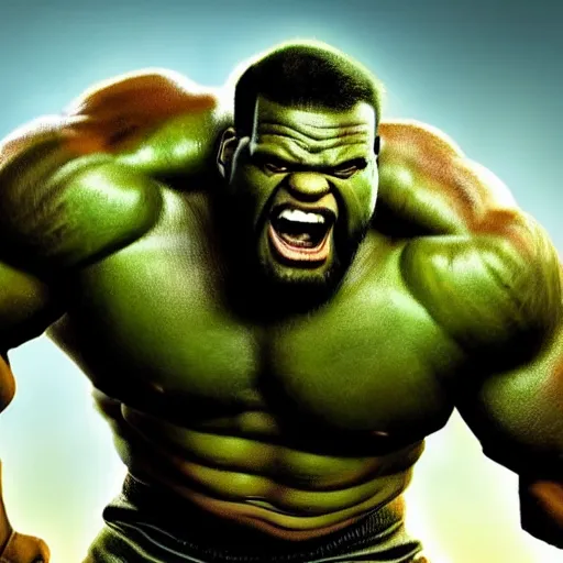 Image similar to if Shaquille O'Neal was the hulk, cinematic, epic, cool, photo realistic, 4k, high detail