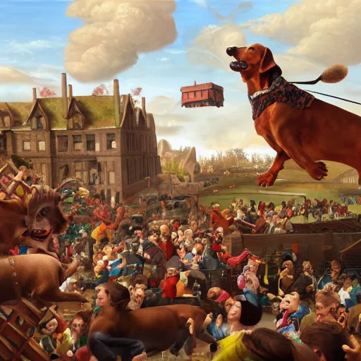 Image similar to a highly detailed oil painting of a giant dachshund smashing houses, renaissance, bystanders watching from the sides, 4 k, by ariduka 5 5, monokubo, artstation,