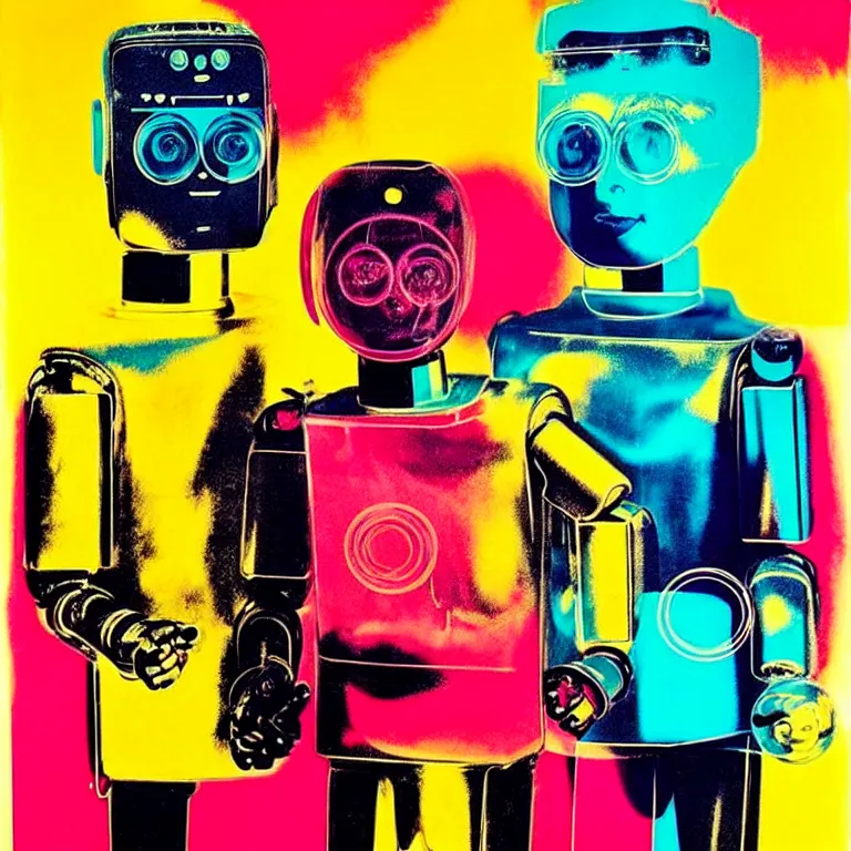 Image similar to ( ( ( ( ( a portrait of a robot family with soap bubbles, pop art ) ) ) ) ) by andy warhol and bill sienkiewicz!!!!!!!!!!!!!!!!!!!!!!!!!!!!!!