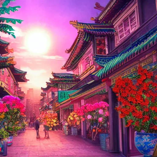 Prompt: A Chinatown full of flowers and tropical plants, with a sunset ,digital art, trending on artstation, HDR