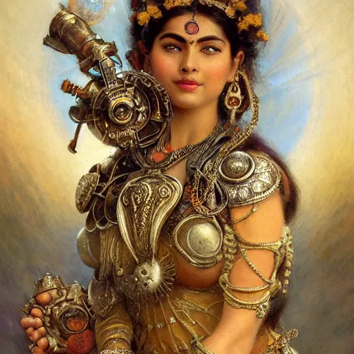 Prompt: detailed potrait of hindu traditional woman with high - tech steam punk clock face armour, girl graceful,, painting by gaston bussiere, craig mullins, j. c. leyendecker, lights, art by ernst haeckel, john william godward, hammershøi,,