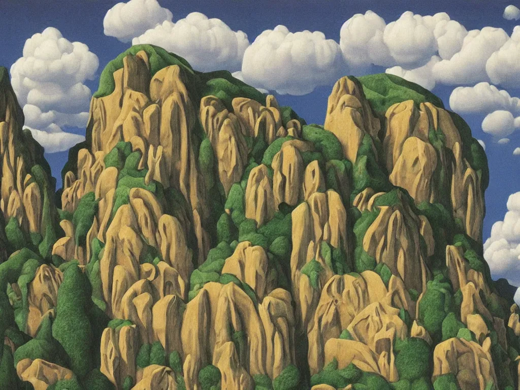 Prompt: A village carved into a mountain painted by René Magritte, surreal painting, highly detailed