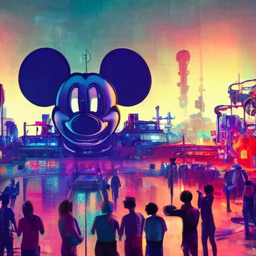 Image similar to a group of people standing around a giant one eyed mickey mouse, cyberpunk art by david lachapelle, cgsociety, sots art, dystopian art by industrial light and magic, concept art, neons, interior, in the style of beeple