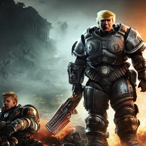 Image similar to Photo portrait of Donald Trump as Crusader Patriot Knight in Gears of War, splash art, movie still, detailed face, photorealistic facial features, cinematic lighting, dramatic, octane render, long lens, shallow depth of field, bokeh, anamorphic lens flare, 8k, hyper detailed, 35mm film grain