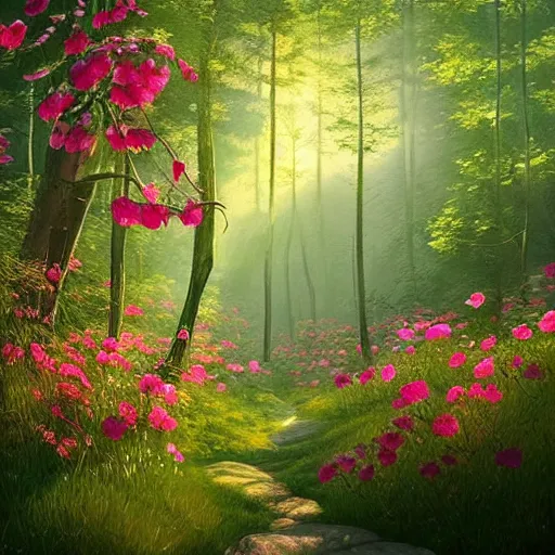 Prompt: “A beautiful painting of a forest in summer, wild roses in distance, sunlight, detailed, light effect, Trending on artstation, by beeple, Makoto Shinkai”