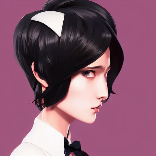 Image similar to girl in tuxedo with black chaotic wavy short haircut, elegant, 2d, ultra highly detailed, digital painting, smooth, sharp focus, artstation, art by Ilya Kuvshinov and Range Murata