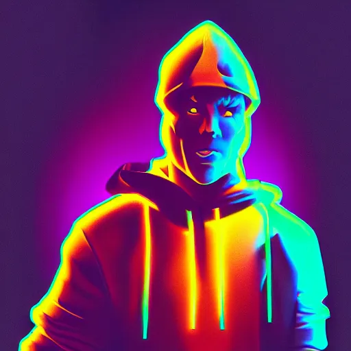 Image similar to he - man in hoodie, portrait, vaporwave, synthwave, neon, vector graphics, cinematic, volumetric lighting, f 8 aperture, cinematic eastman 5 3 8 4 film