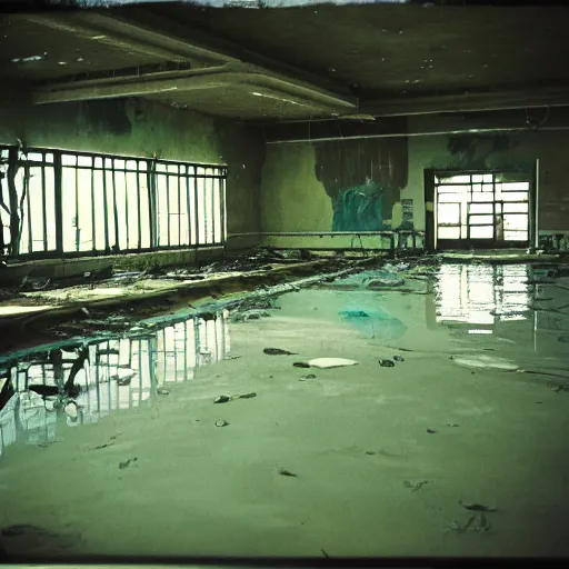 Prompt: a post apocalyptic abandoned indoor swimming, 35mm color film