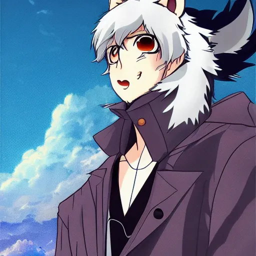 Image similar to key anime visual portrait of an anthropomorphic anthro wolf fursona, in a jacket, with handsome eyes, official modern anime art