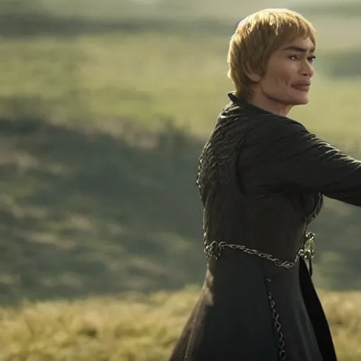 Image similar to cersei lannister emerging from geen wildfire