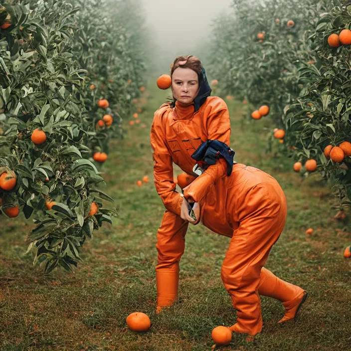 Image similar to a closeup portrait of a woman wearing a vintage diving suit, picking oranges from a tree in an orchard, foggy, moody, photograph, by vincent desiderio, canon eos c 3 0 0, ƒ 1. 8, 3 5 mm, 8 k, medium - format print