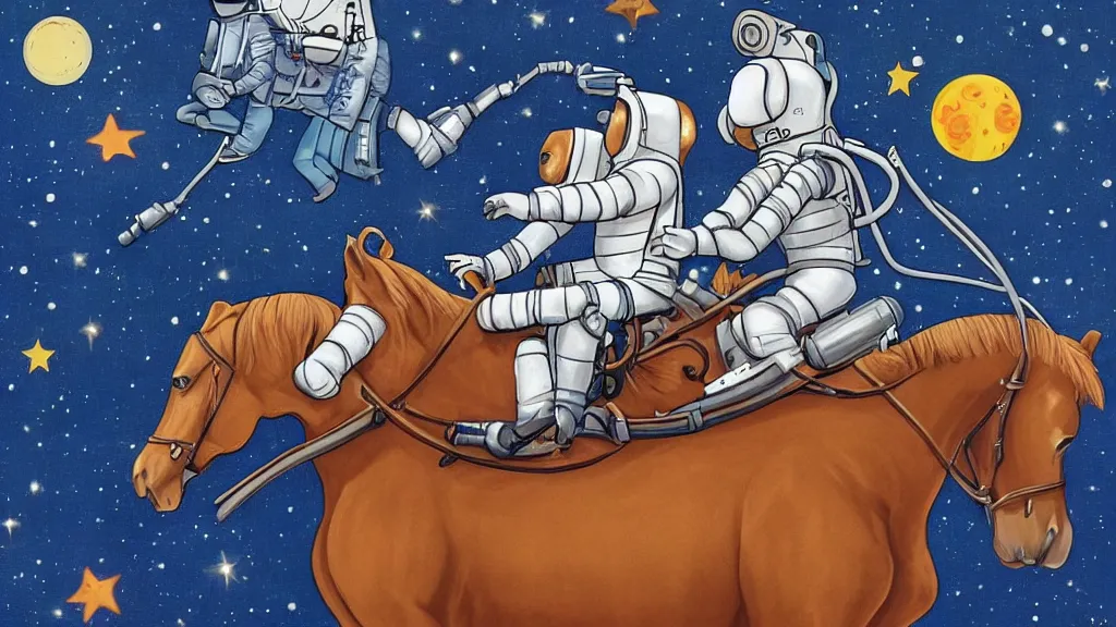 Prompt: a horse riding an astronaut, carries a horse, a horse on top, art